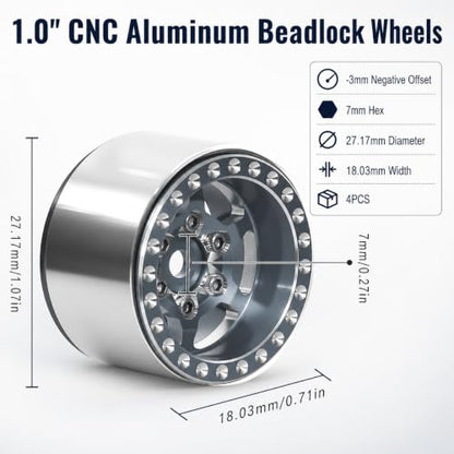 1.0 Aluminum Beadlock Wheels, 3mm Offset, for SCX24 TRX4M, 4PCS | 7mm hex, CNC aluminum rims, -3mm offset for SCX24, FCX24 and AX24; TRX4M requires extended wheel hexes. - color: Titanium