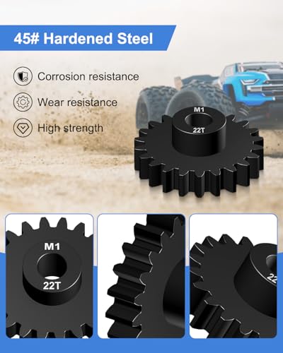 M1 Steel Pinion Gear Set 21T-25T 5mm Shaft Fit for 1/10 RC Brushless Motor | 5 Pack Hardened 45# Steel Gears, Includes Hex Key, High Load Wear Resistant, Compatible with Arrma Losi Traxxas RC Vehicles
