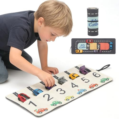 Portable Toy Car Storage Roll and Playmat - Travel Car Carrier Organizer Case for 6 Small Cars - Compatible with Hot Wheels & Matchbox, Toddler Quiet Play Activity Mat for Airplane