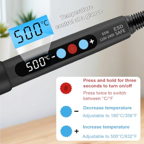 Soldering Iron Kit, 60W LED Display Soldering Gun with Ceramic Heater, 12-in-1 Adjustable Temperature Tool Kit– Includes Tips, Solder Wire, Flux Paste, Pump, and Case for DIY& Electronic Repairs