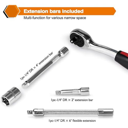 Egofine 46 Pieces 1/4 inch Drive Socket Ratchet Wrench Set Nickel Tool | Pearl nickel coating with 72-Teeth Ratchet Wrench S2 Bit Socket Set Suitable Auto Repairing and Household with Storage Case - style: 1/4" 46 PCS with 72 Teeth Ratchet