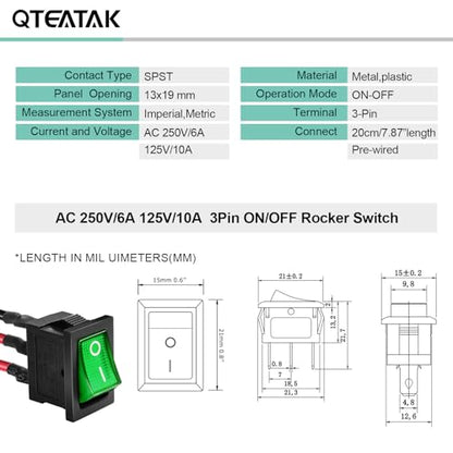 5 Pack Pre-Wired KCD1 On/Off Green LED Boat Rocker Switch | 3-Pin 2-Position Snap In, AC 250V/6A 125V/10A - color: Green, size: AC 250V/6A 125V/10A - Pre-Wired