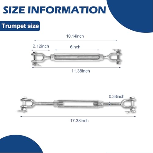 2Pack Heavy Duty Turnbuckle 3/8 * 6Inch,Weather Resistant,M10 Hot Dipped Galvanized Steel Jaw and Jaw Turnbuckle | 1200 lbs Working Load Limit, Weather Resistant,for Tractor,Wire Rope Tension,Sun Shade Tent,Treehouse,Deck - size: 3/8*6inches