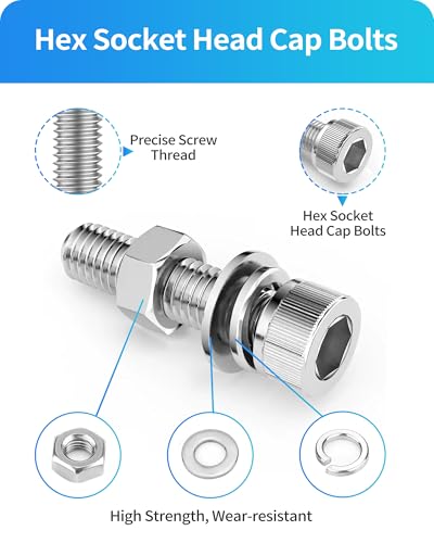 Metric Screw Assortment, 1280PCS Metric Bolt Assortment Kit M3 M4 M5 M6 Machine Screws with Lock & Flat Washers, 304 Stainless Steel Hex Socket Head Cap Screws Nuts and Bolts Kit (Silver) - size: M3M4M5M6 1280PCS