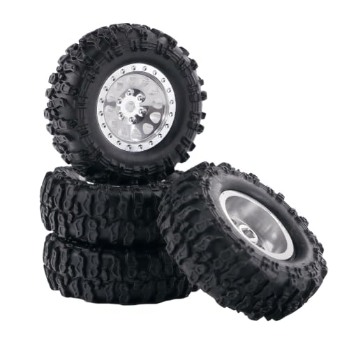 1.0 Inch RC Crawler Wheels and Tires Set, Pre-Mounted Aluminum Wheel & Tire Combo with Foam Inserts, Fit for 1/18 SCX24 SCX30 Micro RC, 4PCS (Silver) - color: Silver