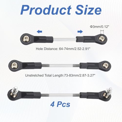 MECCANIXITY 4Pcs Adjustable Turnbuckles Camber Link, 64-74mm Turnbuckle Rod Steering Servo Linkage with M3 Ball Head Rod Ends for RC Car Replace Parts - size: 64-74mm