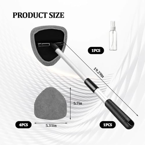 Car Windshield Cleaner Tool, Extendable Handle Pentagonal Vehicle Window Cleaning Kit with 4 Reusable Pads Spray Bottle, Auto Windscreen Detailing Cleaner, Universal Fit (Grey) - size: Grey