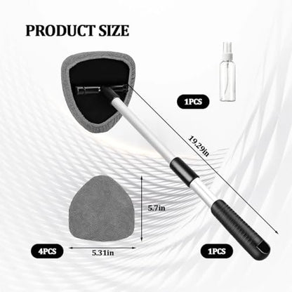 Car Windshield Cleaner Tool, Extendable Handle Pentagonal Vehicle Window Cleaning Kit with 4 Reusable Pads Spray Bottle, Auto Windscreen Detailing Cleaner, Universal Fit (Grey) - size: Grey