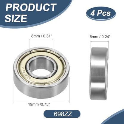 uxcell 4 Pack 698ZZ Deep Groove Ball Bearings, 8x19x6mm Chrome Steel Double Shield Bearing for Electric Motor, Home Appliances, Garden Machinery, (ABEC5) - size: 698ZZ