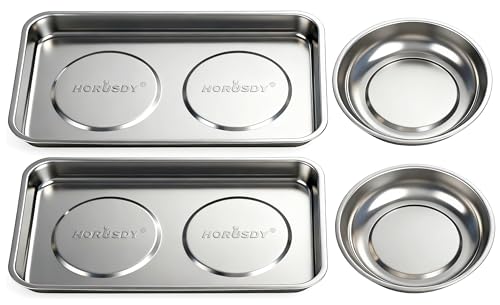 HORUSDY 4-Piece Large Magnetic Parts Tray Set, Stainless Steel Heavy Duty 9.5" W x 5.5''L Square and 4.5" Round Magnetic Trays Tools Parts Tray - style: 4-Piece Magnetic Tray - Pro