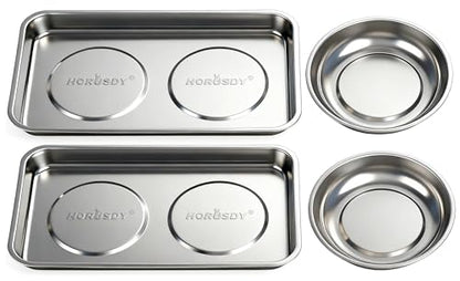 HORUSDY 4-Piece Large Magnetic Parts Tray Set, Stainless Steel Heavy Duty 9.5" W x 5.5''L Square and 4.5" Round Magnetic Trays Tools Parts Tray - style: 4-Piece Magnetic Tray - Pro