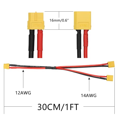 XT60 Parallel Battery Connector Cable, 12AWG XT60 Y Splitter Adapter Cable | 2Pcs XT60 RC Lithium Paralle Power Cord 1FT, 1 Female to 2 Male Y Splitter Adapter Cable, Plug and Play, for RC Multicopter - style: XT60 1 Female to 2 Male Cable