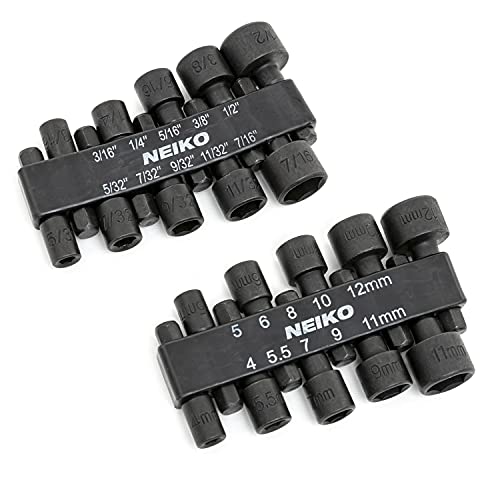 NEIKO 10068A Nut Driver Set, For Impact Drill and Driver, 20 Piece, 1/4” Hex Small Nut Driver Bit Set, Metric and Standard, 4-12 mm & 5/32”-1/2”, CR-V Steel, Nutsetter Driver Bits - size: Nut Driver Bit, style: SAE and Metric