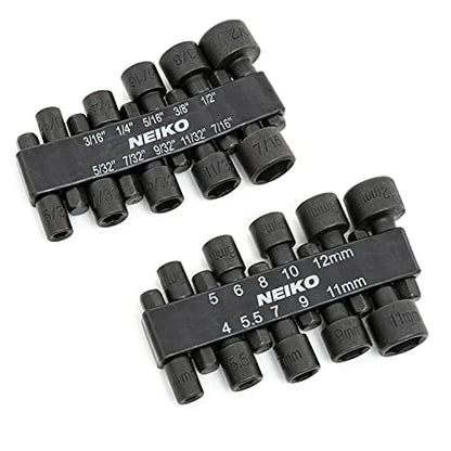 NEIKO 10068A Nut Driver Set, For Impact Drill and Driver, 20 Piece, 1/4” Hex Small Nut Driver Bit Set, Metric and Standard, 4-12 mm & 5/32”-1/2”, CR-V Steel, Nutsetter Driver Bits - size: Nut Driver Bit, style: SAE and Metric