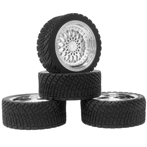 4PCS 65mm RC Rally Car Rubber Tires and Plastic Plating Wheel Rims Set 12mm Hex for 1/10 RC On-Road Rally Drift Racing Car for HSP Tamiya Sakura HPI WR8 HSP TT02 WLtoys (Silver) - color: Silver