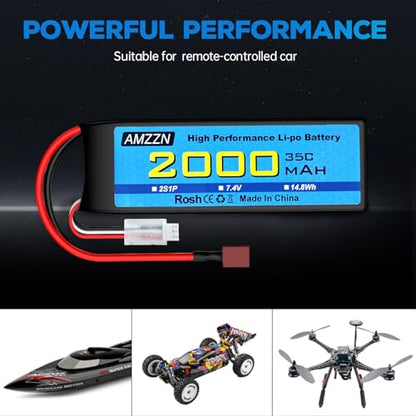 2S T Plug Lipo Battery 7.4V 2000mAh 35C with USB Charging Cable for RC Car,Truck Model Car,Remote Control Ship,RC Quadcopter Qircraft,FPV Drone Battery