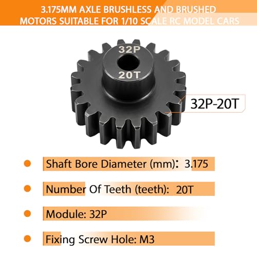 32P 20T Pinion Gear 3.175mm Shaft, Hardened Steel Motor Gear for 1/10 Scale RC Car Truck Crawler Monster Buggy, High Speed Durable 32 Pitch Gear Upgrade Parts 540 550 Brushed 3650 3660 Brushless - color: 20T
