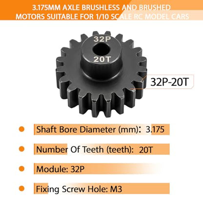 32P 20T Pinion Gear 3.175mm Shaft, Hardened Steel Motor Gear for 1/10 Scale RC Car Truck Crawler Monster Buggy, High Speed Durable 32 Pitch Gear Upgrade Parts 540 550 Brushed 3650 3660 Brushless - color: 20T
