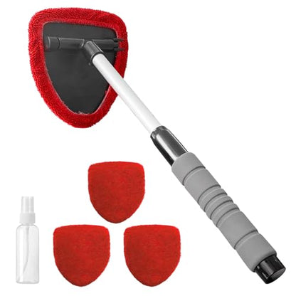 19" Extra-Long Windshield Cleaner Tool & Car Interior Detailing Kit | Extendable Handle and 4 Reusable Microfiber Pads, Streak & Lint-free, Auto Glass Wiper Brush for Car & Home - color: Red