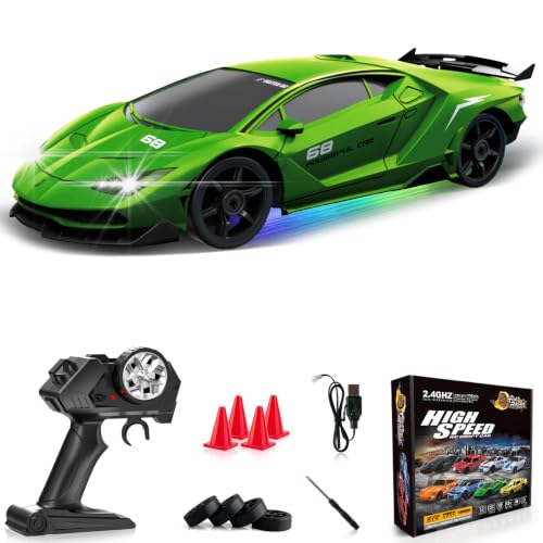 RC Drift Car 1:24 Remote Control Car 4WD 15KM/H High Speed Racing Sport Car with LED Lights RC Cars Toy for Kids Boys Girls Adults Gifts Birthday Christmas - color: Green