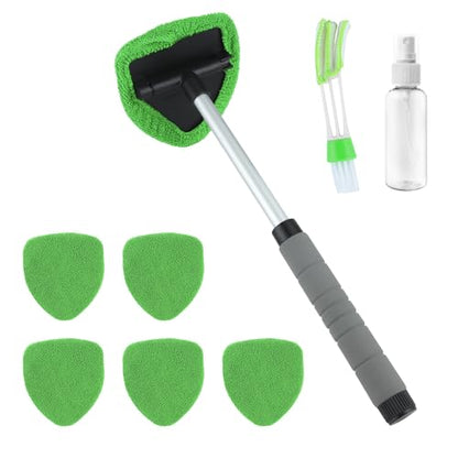 8 Pcs Car Window Cleaner Kit Triangle Shape Include Windshield Cleaning Tool with Extendable Handle 5 Microfiber Bonnets 1 Car Ventilation Brush 1 Empty 50ml Spray Bottle Glass Wiper Kits, Green - color: Green