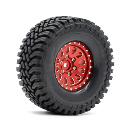 1.3” Brass Beadlock Wheels & All-Terrain Tires Set for 1/18 1/24 RC Crawler TRX4M, Axial SCX24 / AX24, Redcat Ascent-18, FMS FCX24, -5.40mm Offset, 7mm Hex, 4 pcs, Red - color: Red