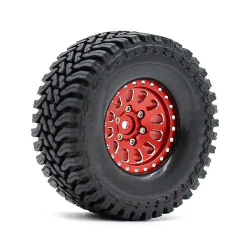 1.3” Brass Beadlock Wheels & All-Terrain Tires Set for 1/18 1/24 RC Crawler TRX4M, Axial SCX24 / AX24, Redcat Ascent-18, FMS FCX24, -5.40mm Offset, 7mm Hex, 4 pcs, Red - color: Red