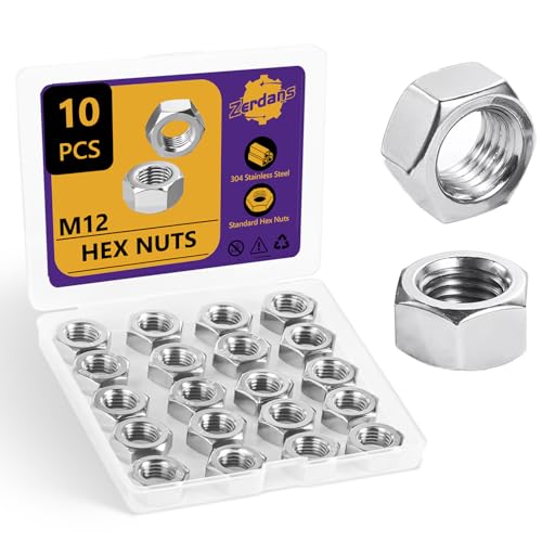 10pcs M12 Hex Nuts, 18-8 (304) Stainless Steel Metric Hexagonal Nuts, Heavy Duty M12-1.75 Coarse Thread Fasteners for Structural Framing, Solar Racking & Heavy Machinery - size: 10Pcs-M12