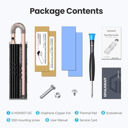 GRAUGEAR Heat Pipe Cooler for M.2 SSD Memory Extension, M.2 2280 NVMe SSD Heatsink, Pure Copper Heat Pipe, Premium Aluminum Plate-Fin Design, Thermally Conductive Graphite on Copper Foil