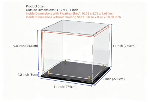 Acrylic Display Case with Raised Shelf, Clear Display Box with Black Base & Gold Standoffs, Dustproof Showcase for Collectibles, Figures, Model Cars – Easy Assembly (11×9×11 Inch) - size: 11"L x 9"W x 11"H