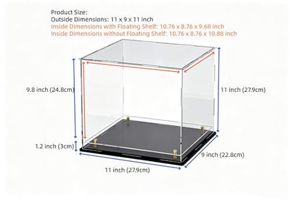 Acrylic Display Case with Raised Shelf, Clear Display Box with Black Base & Gold Standoffs, Dustproof Showcase for Collectibles, Figures, Model Cars – Easy Assembly (11×9×11 Inch) - size: 11"L x 9"W x 11"H