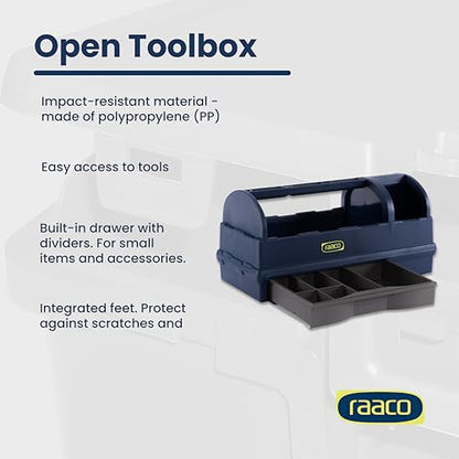 Raaco Open Portable Tool Box Organizer with Handle - Hand-Held Storage | Plastic Polypropylene Toolbox with 3 Compartments & Built-in Drawer, Hand-Held Storage Carrier, 55 lb Load Capacity, workshop - style: Open