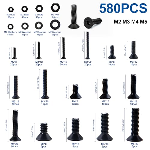 NINDEJIN M2 M3 M4 M5 Flat Head Socket Cap Screws Countersunk Bolts, Hex Drive, 12.9 Carbon Steel Screw, Full Thread, Black Oxide, 580PCS Metric Screw Bolts Nuts Washers Assortment Kit - size: 580Pcs M2-M5 8mm-20mm