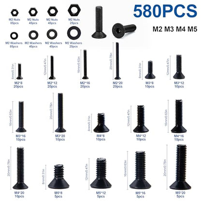 NINDEJIN M2 M3 M4 M5 Flat Head Socket Cap Screws Countersunk Bolts, Hex Drive, 12.9 Carbon Steel Screw, Full Thread, Black Oxide, 580PCS Metric Screw Bolts Nuts Washers Assortment Kit - size: 580Pcs M2-M5 8mm-20mm