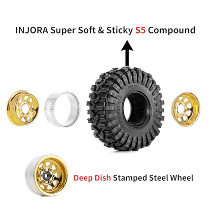 INJORA 1.0 Beadlock Wheel Tires Set -3.78mm Offset Wheel Rims for 1/18 1/24 RC Crawler Car Axial AX24 SCX24 FMS FCX24 TRX4M,Yellow(W1004-T1014) - color: Yellow