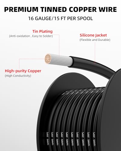 NAOEVO 16 Gauge Wire, Tinned Copper Silicone 16 AWG Automotive Wire, 90FT | 200°C, High Conductivity, Flexible 16 AWG Stranded Wire, 16 AWG Wire for Automotive, LED, DIY, Circuit (6 Colors 15ft/Spool) - size: 15ft, style: 16AWG