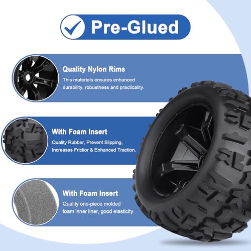 Pre-Glued 1/8 Truck Wheels Tires Set 17mm Hex Compatible with Traxxas Maxx, T-maxx, E-Revo, Arrma Kraton, Redcat Kaiju, JLB Cheetah 4-pack