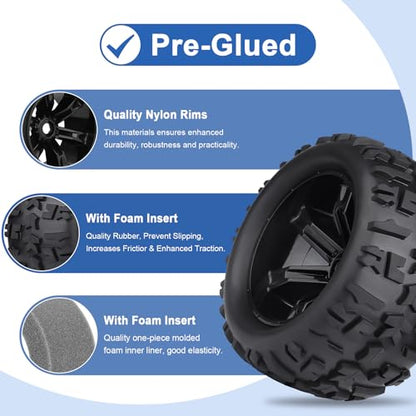 Pre-Glued 1/8 Truck Wheels Tires Set 17mm Hex Compatible with Traxxas Maxx, T-maxx, E-Revo, Arrma Kraton, Redcat Kaiju, JLB Cheetah 4-pack