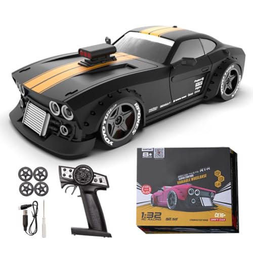 KM3299 RC Drift Car with Gyro Stabilization and LED Lights | 1:32 Scale High-Speed 4WD Mini Electric Remote Control Drift Vehicle, 30 km/h, RC Vehicle Gift for Adult - color: Black