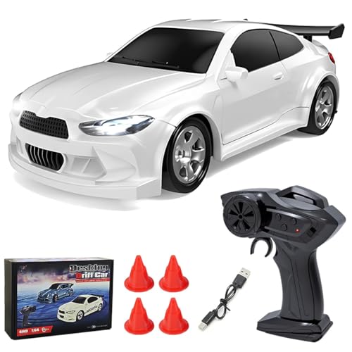 Mini Desktop RC Drift Car, 1:64 Scale 4WD High-Speed 2.4Ghz Remote Control Racing Sports Car with LED Lights for Adults Hobbyists - color: Ivory White