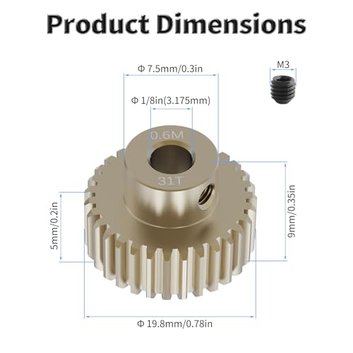 Pinion Motor Gear, M0.6 31T, 1/8 in (3.175mm) Shaft Hole | M0.6 Pitch 31 Teeth, 7075 Aluminum Alloy, 1/8 Inch Shaft Hole, RC Motor Pinion Upgrade, for 1/10 RC Brushless Crawler - size: M0.6 31T