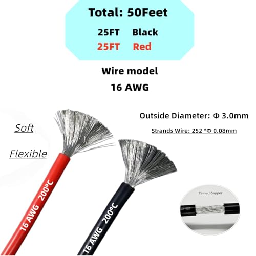 16 AWG Gauge Silicone Wire Electrical Cable（25ft red &25ft Black）Soft & Flexible 0.08 mm Tinned Copper core High Temperature Resistant Silicone Wire for Arduino Projects, RC Cars, Boat, Drones - size: 25ft Red+25ft Black ﻿, style: 16 AWG