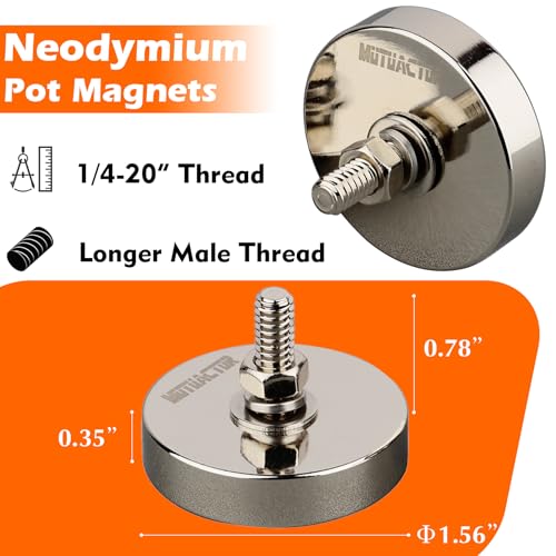MUTUACTOR 4PCS Super Power Neodymium Round Magnet Base with 1/4''-20 Male Threaded Stud,185lbs Φ1.65” Anti-Broken Magnetic Mount Heavy Duty Magnets for LED Lighting Camera Tools and Others Equipments - style: 185 lbs 1/4-20" Male 4pcs