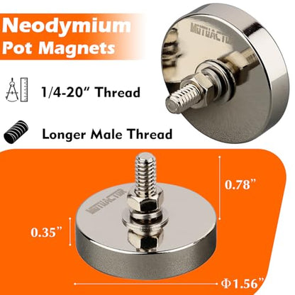 MUTUACTOR 4PCS Super Power Neodymium Round Magnet Base with 1/4''-20 Male Threaded Stud,185lbs Φ1.65” Anti-Broken Magnetic Mount Heavy Duty Magnets for LED Lighting Camera Tools and Others Equipments - style: 185 lbs 1/4-20" Male 4pcs