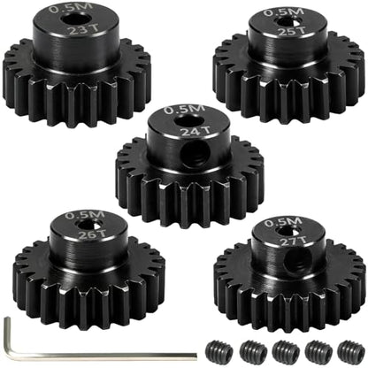 Hardened Steel 0.5M Pinion Gear 23T 24T 25T 26T 27T 2mm Shaft for RC Car, Compatible with ARRMA 1/14 Typhoon 1/16 Mojave 1/18 Granite, Losi 1/12, 0.5Mod 13T-27T Gear for Brushed Brush-Less Motors - size: 23-27T