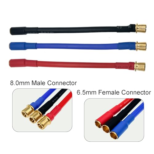 3pcs 6.5mm Male to 8mm Female Bullet Connector Extension Wire Adapter 10AWG 4.9 Inch for RC Motor & ESC
