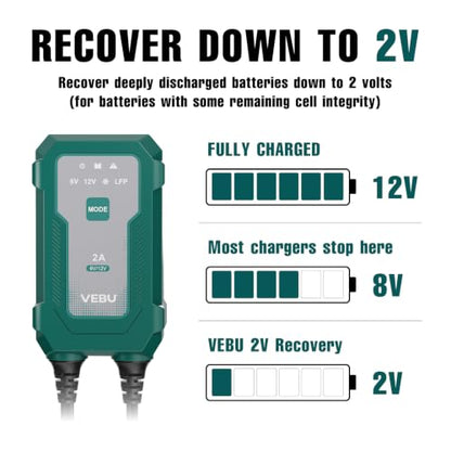 Smart 2A 6V/12V Battery Charger Maintainer - Auto Desulfator & Winter Mode for Deeply Discharged Lead-Acid & LiFePO4 Batteries - Perfect for Motorcycle, Car, Boat, RV, ATV - size: 2A