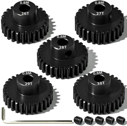5Pcs 0.8M Hardened Steel Pinion Gear Set 5mm Shaft 26T 27T 28T 29T 30T Motor Pinion Gear with M4 Screw and Hex Key, for Arrma HPI Kyosho Losi Axial Traxxas Tamiya 1/10 RC Car and 540/550 Motors - size: 0.8M-5mm-26-30T