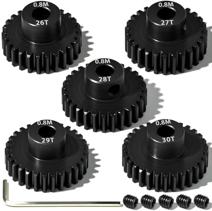 5Pcs 0.8M Hardened Steel Pinion Gear Set 5mm Shaft 26T 27T 28T 29T 30T Motor Pinion Gear with M4 Screw and Hex Key, for Arrma HPI Kyosho Losi Axial Traxxas Tamiya 1/10 RC Car and 540/550 Motors - size: 0.8M-5mm-26-30T