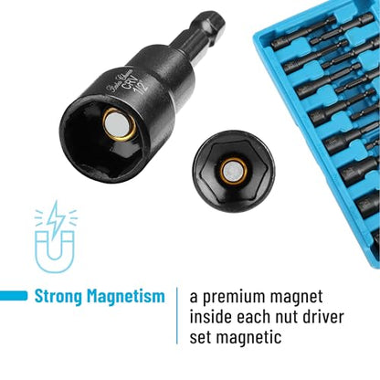 Bates- Magnetic Nut Driver Set for Impact Drill, 15 pcs, 1/4" Hex Shank, Metric and SAE Nut Driver, Impact Nut Driver Set, Metric Nut Driver Set Magnetic Bit Set, Nut Driver Bit Set, Nut Drivers Set